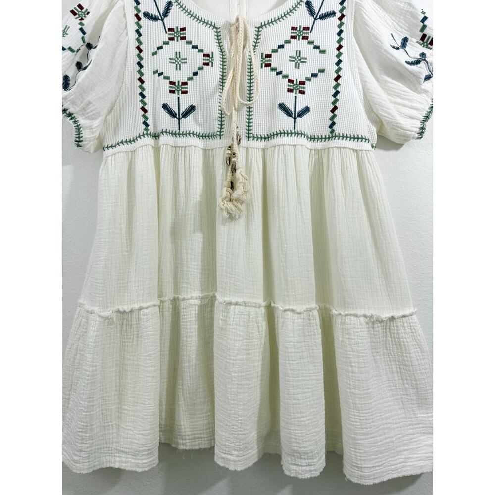 POL Ivory Embroidered Mini Dress Size L Boho Tassel Tie Balloon Sleeve - Picture 7 of 13